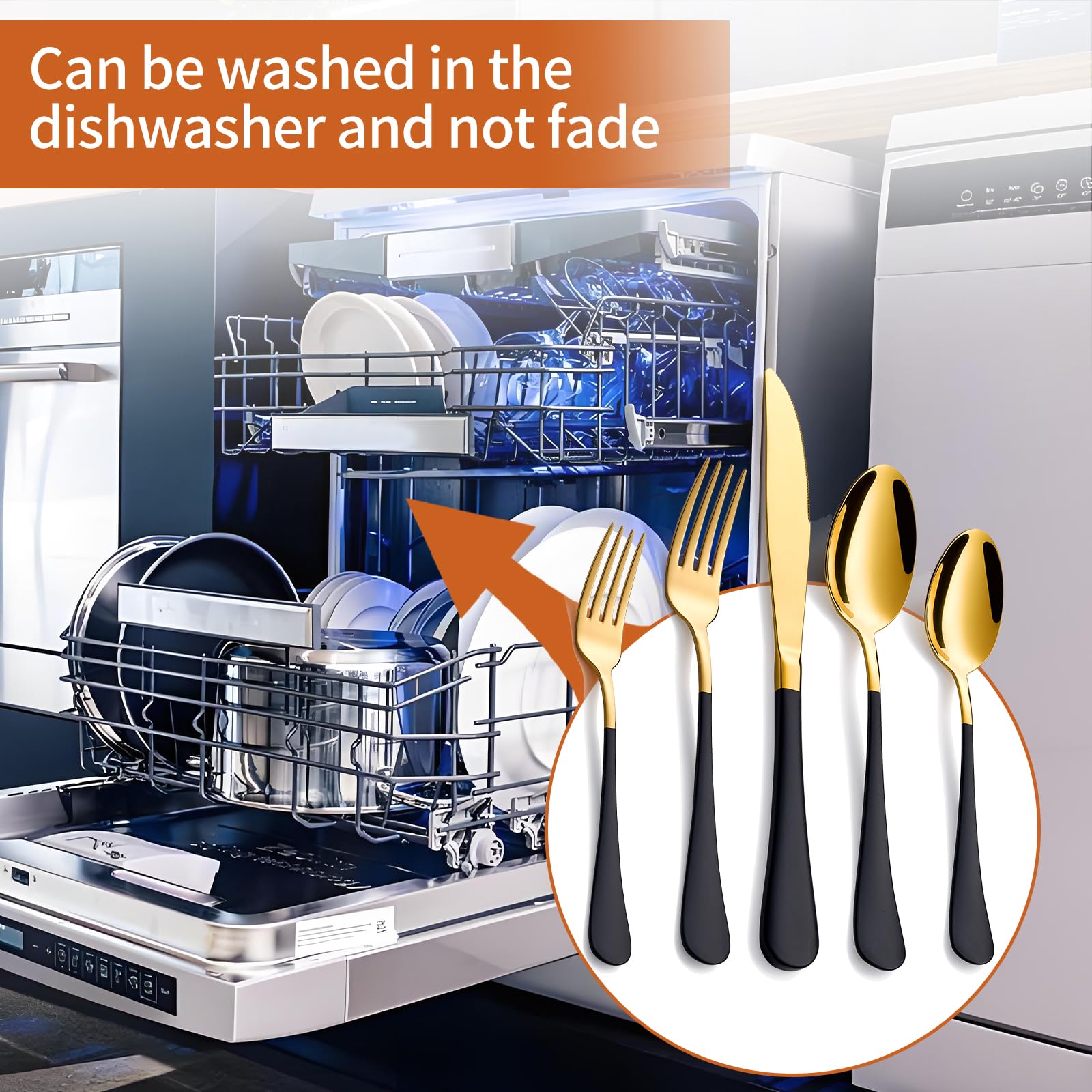 Lekoton 20-piece gold-black flatware on a dining table setting