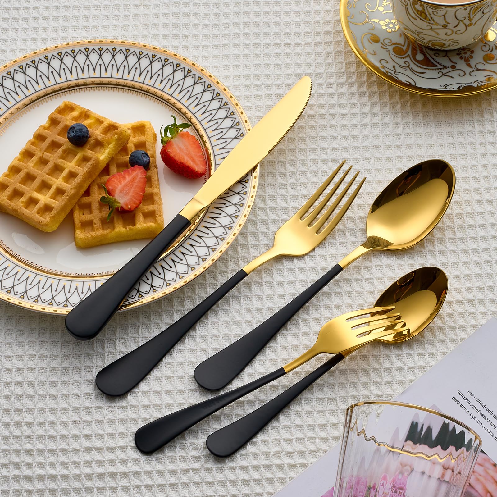 Close-up of the gold-black finish on Lekoton flatware
