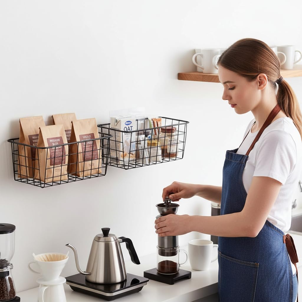 LeleCAT wall mounted basket supports pantry organization and vertical storage.