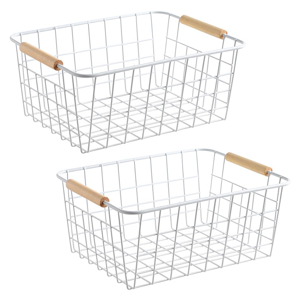 LeleCAT white wire basket with wooden handles for compact storage in cabinets.