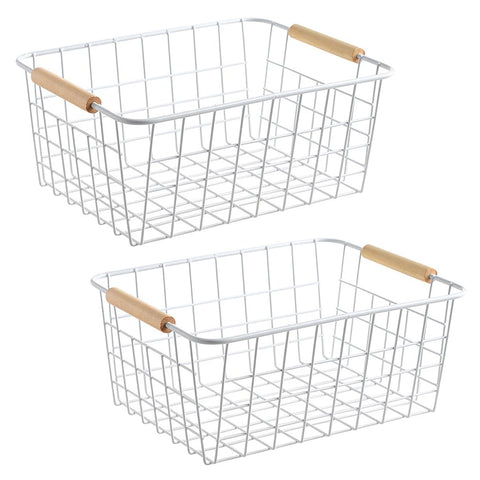 LeleCAT white wire basket with wooden handles for compact storage in cabinets.
