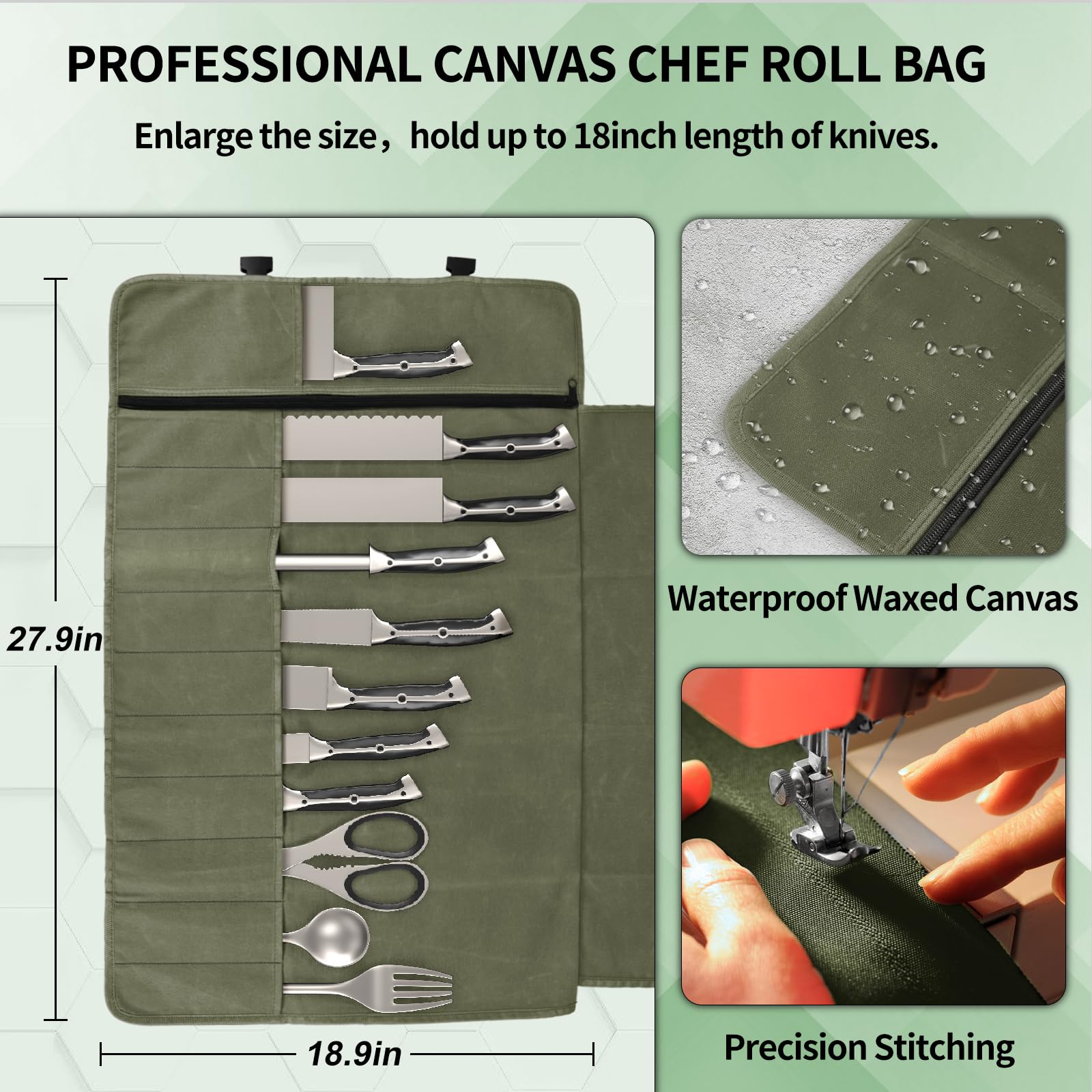 Lelezone chef knife roll bag showing 11 slots for organized tools.