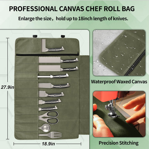 Lelezone chef knife roll bag showing 11 slots for organized tools.