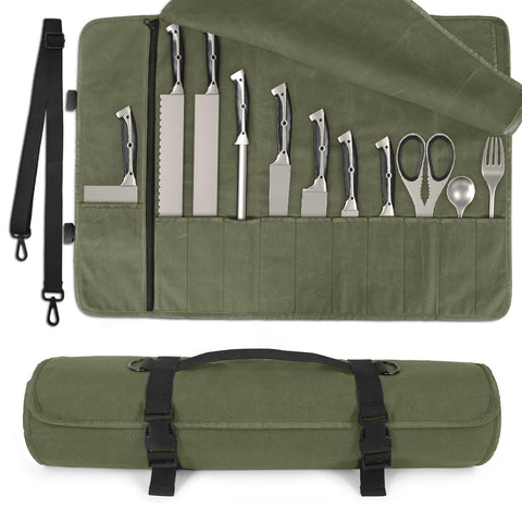Lelezone chef knife roll bag open compartments for quick knife access.