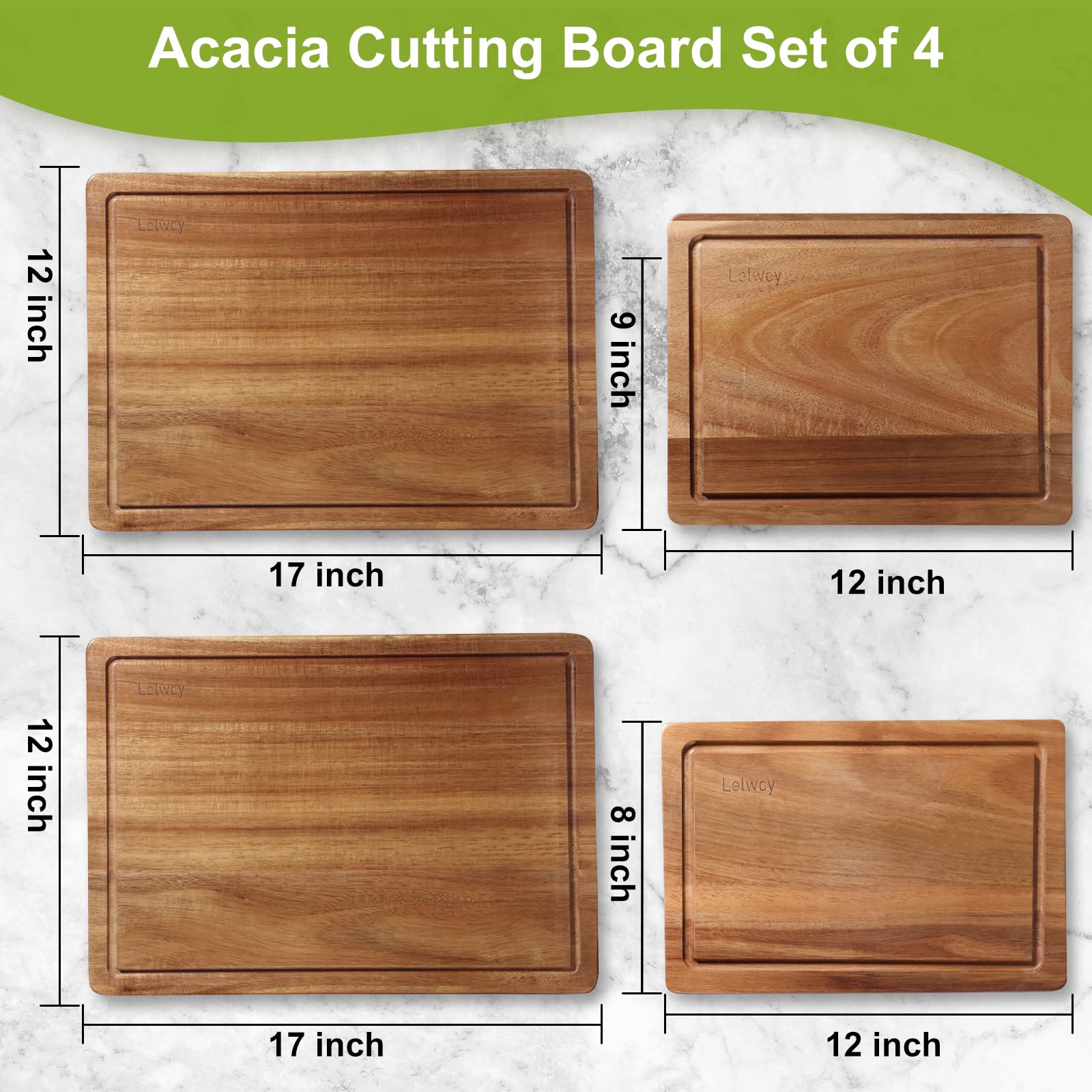 Lelwoy Acacia cutting board 17x12 juice groove keeps juices contained