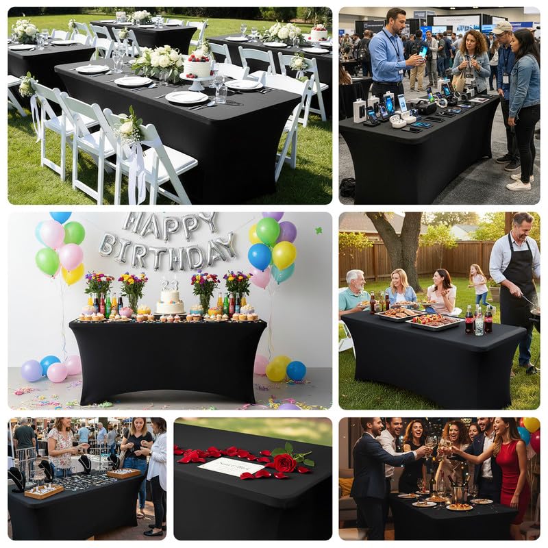 Lemict black tablecloth close-up shows stretch fabric for wrinkle-free setup