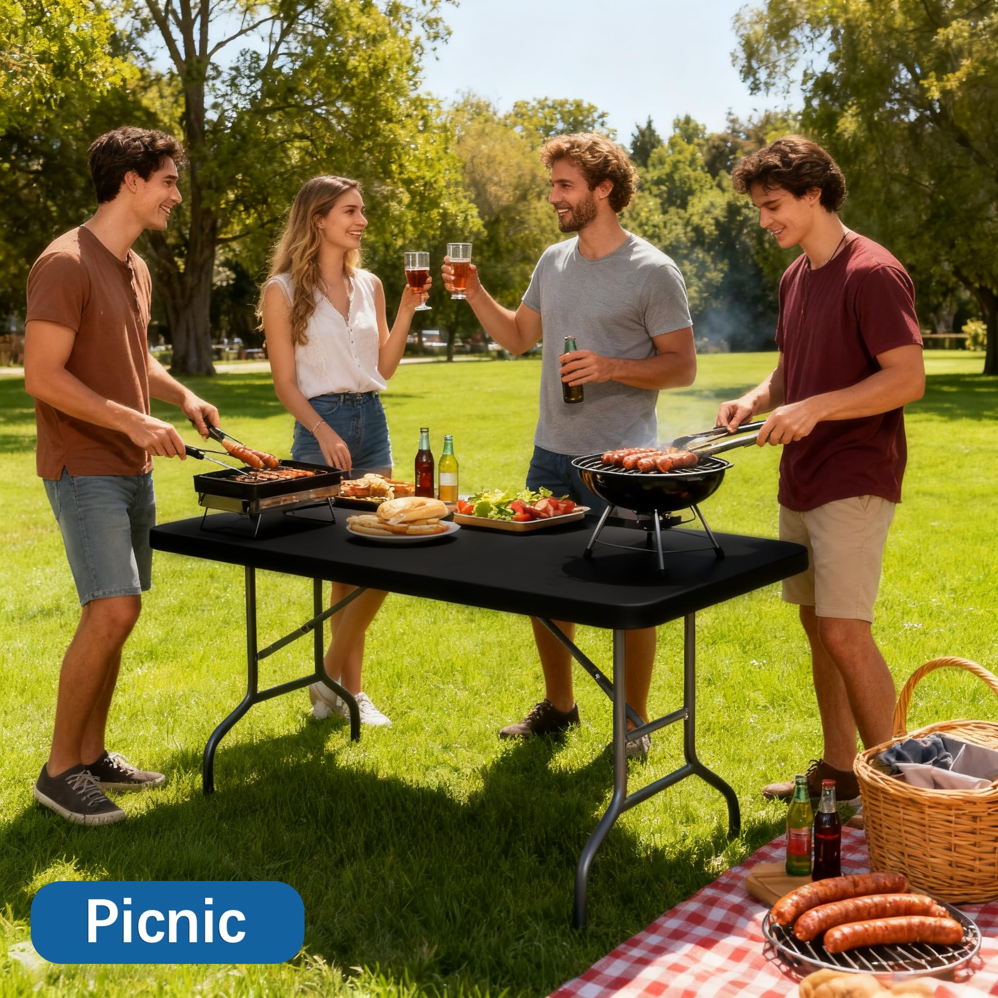 Lemict outdoor tablecloth on a windy picnic setup.