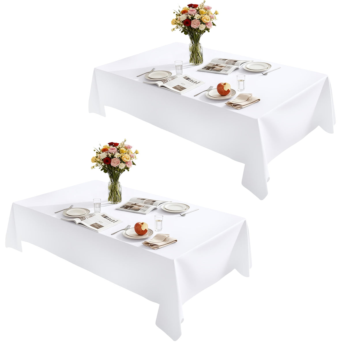 Lemict rectangle tablecloth in white protects 60 x 84 inch tables for dining.