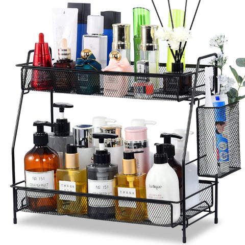 LEMIKKLE large countertop organizer on bathroom counter keeps cosmetics neat and accessible.