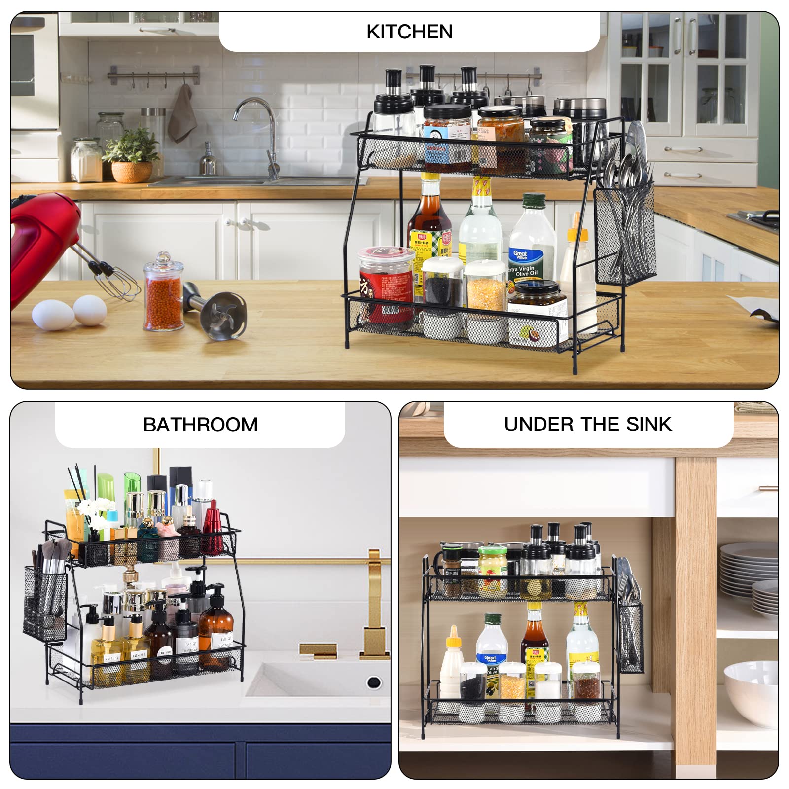 LEMIKKLE spice rack organizer stores jars neatly on the kitchen counter.