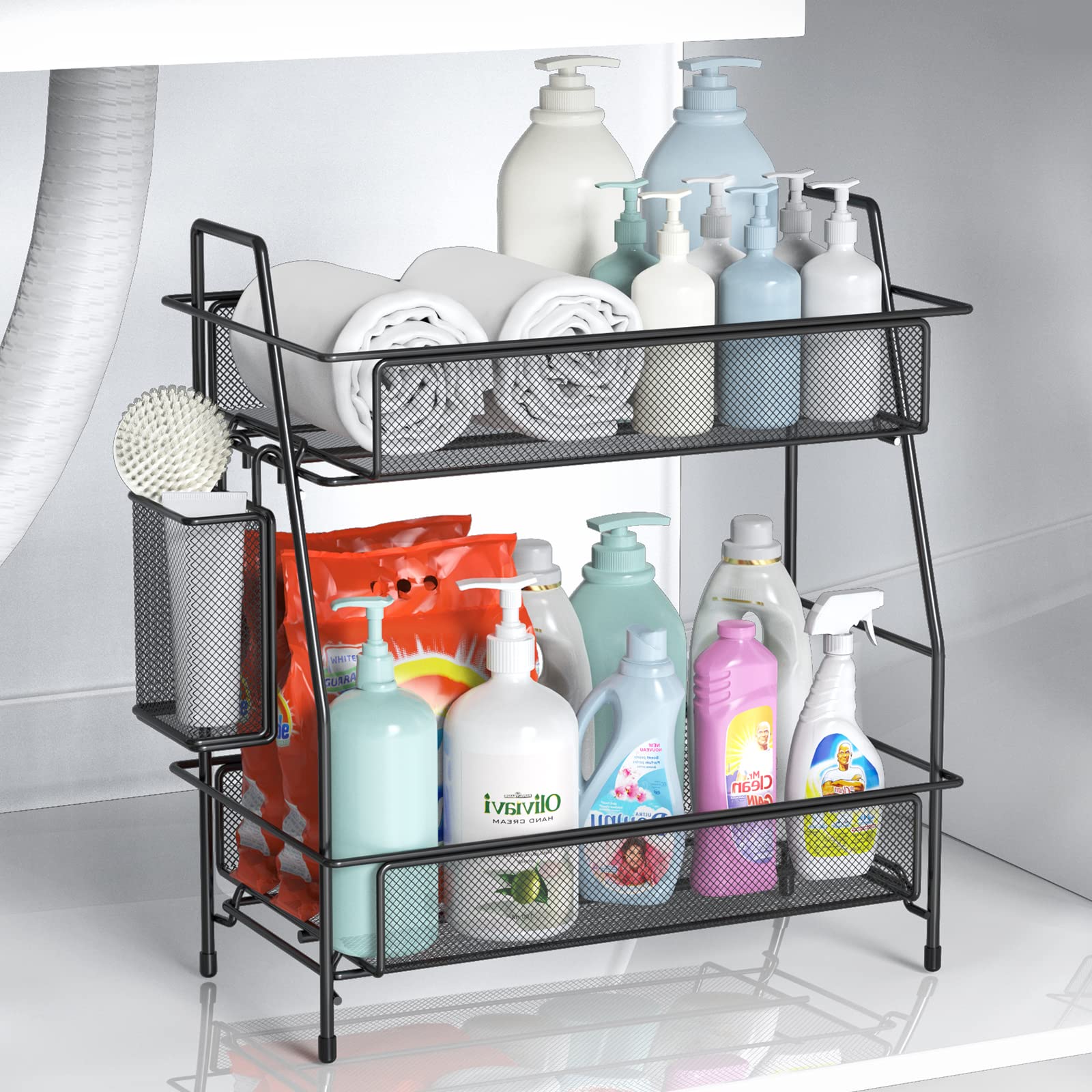 LEMIKKLE under-sink organizer supports clutter-free storage with guardrails.