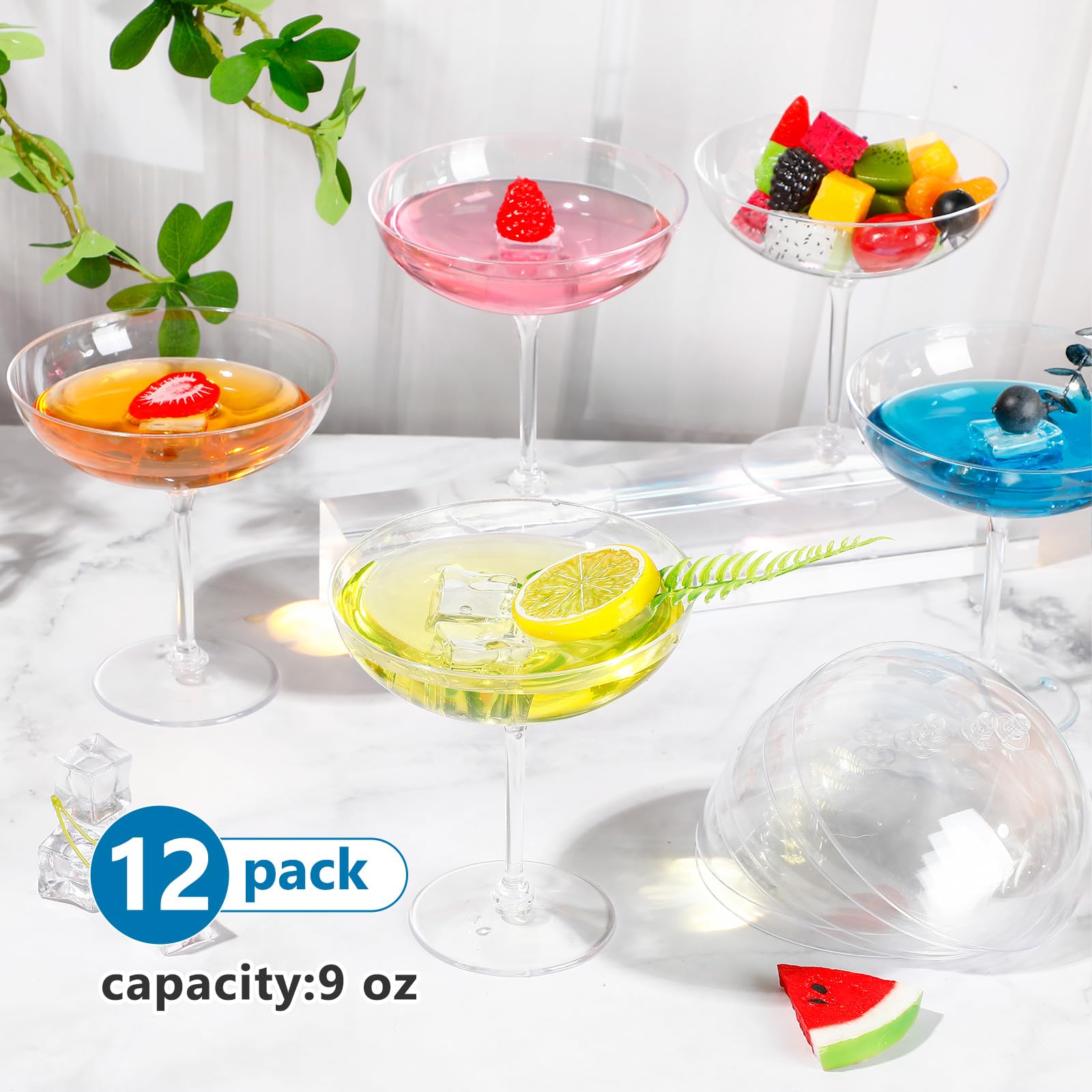 LemonRoad 12-pack plastic coupe glasses highlight durable, stackable serving for parties