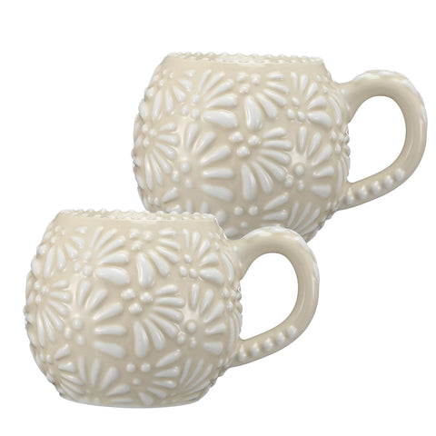 LemonRoad Mexican pottery mug with beige-white pattern, ideal for cozy coffee mornings.