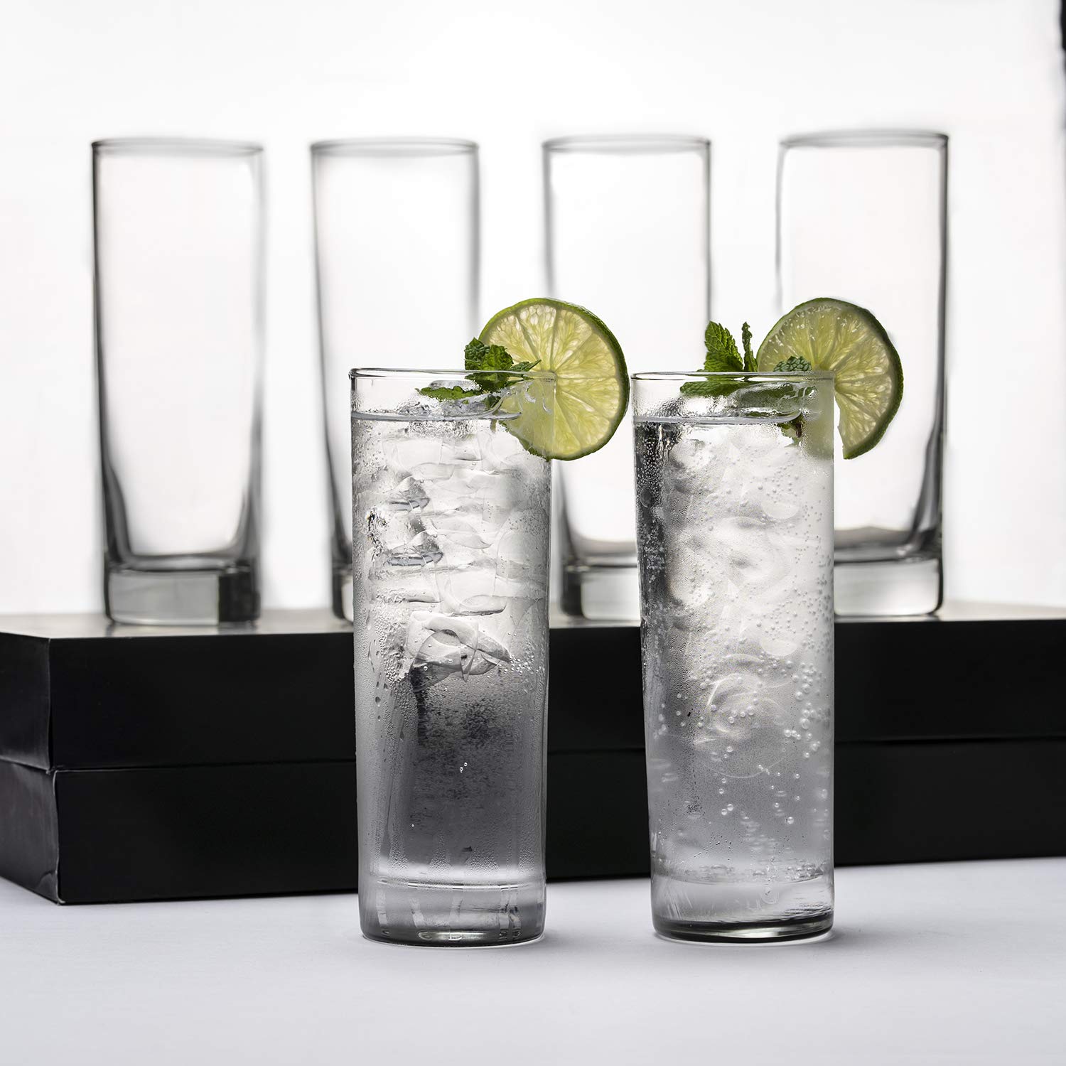 LEMONSODA tall 12oz glasses with ice and water, everyday barware.