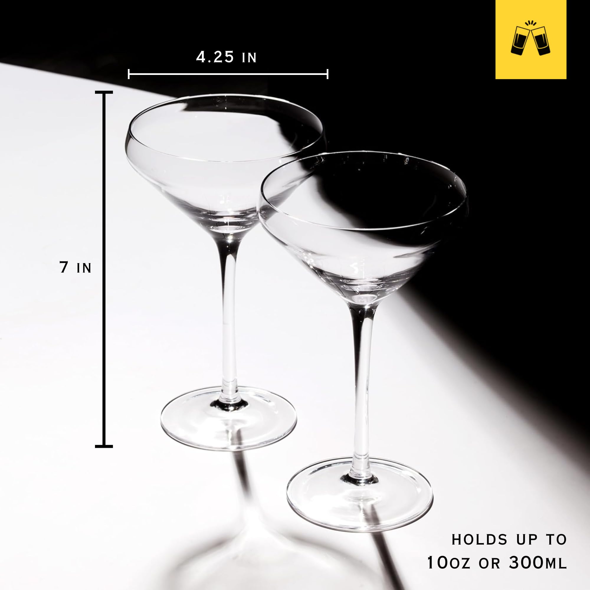 LEMONSODA Nick and Nora 10 oz martini glasses, perfect for Manhattan or Cosmopolitan rituals.