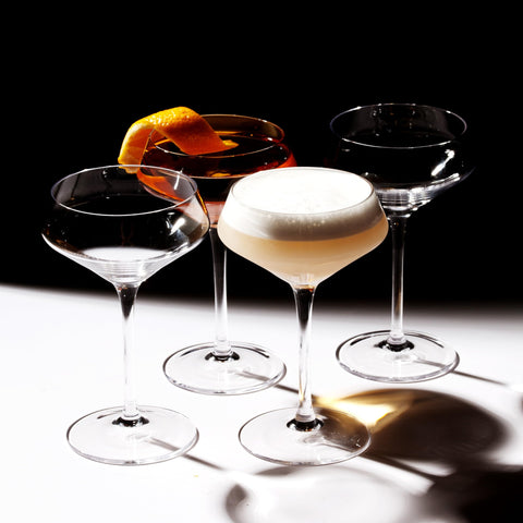 LEMONSODA Nick and Nora martini glass close-up showing crystal clarity for refined entertaining