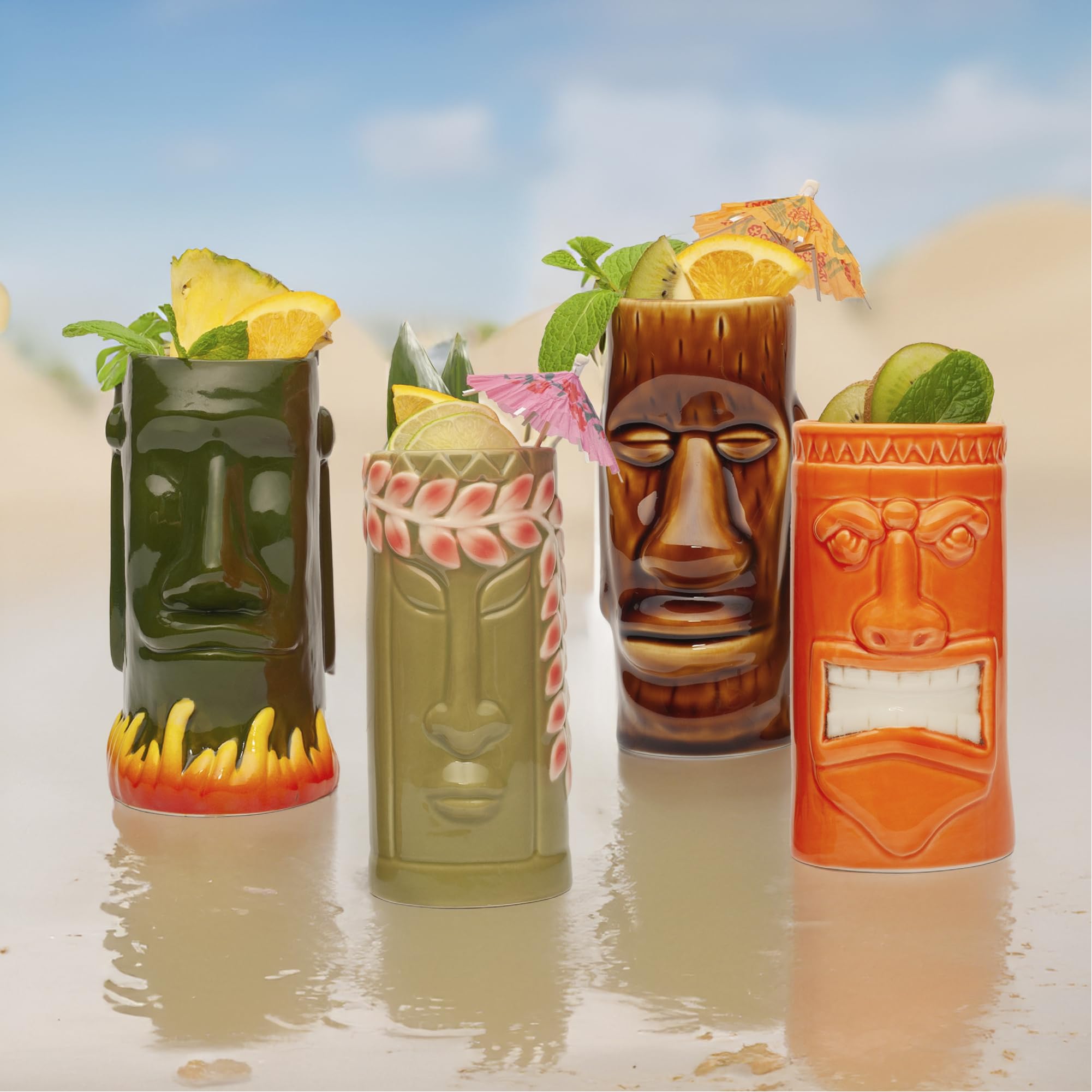 LEMONSODA tiki glasses stacked on a bar display