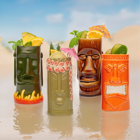 LEMONSODA tiki glasses stacked on a bar display
