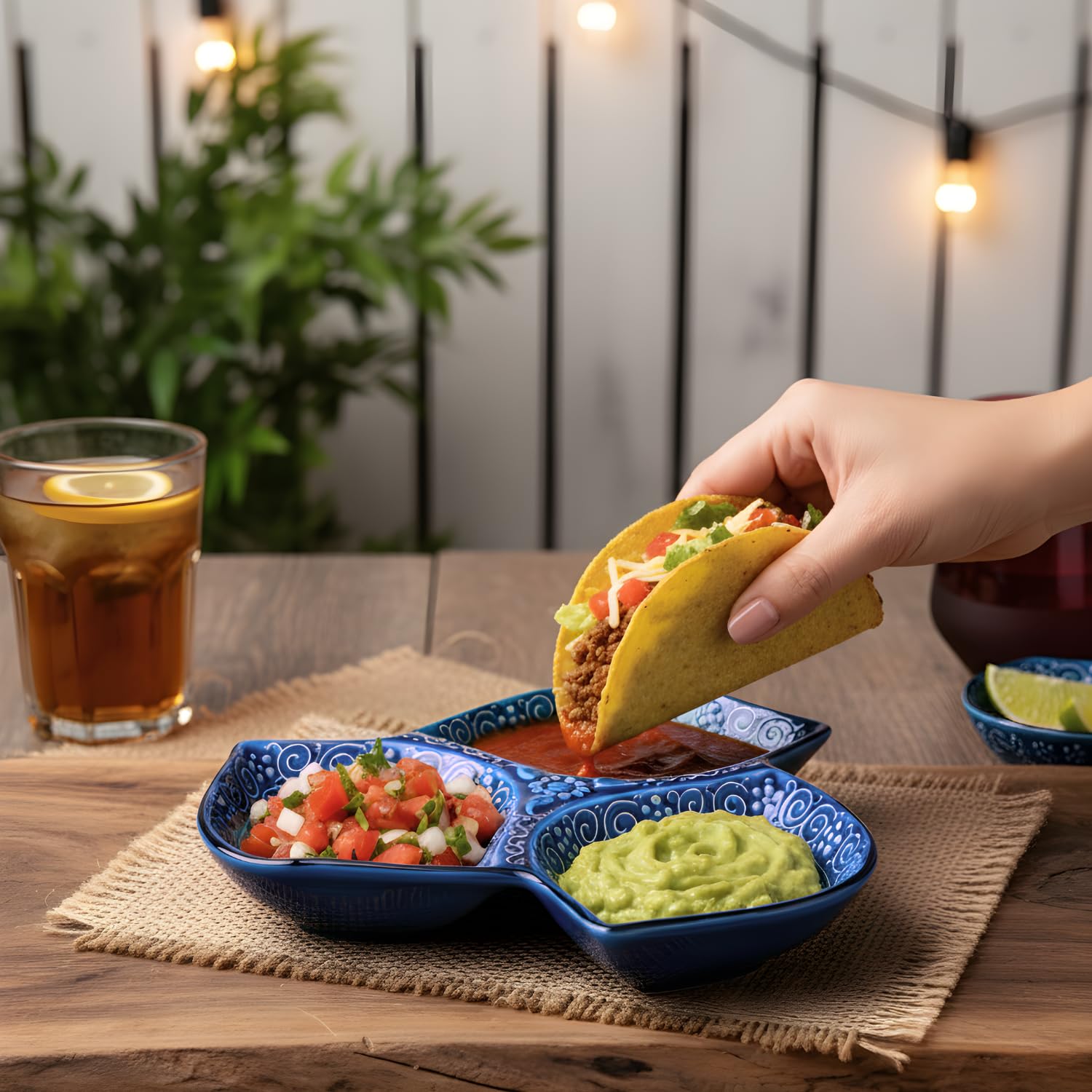LEMOSE three-compartment serving tray keeps dips, nuts, and bites separated.