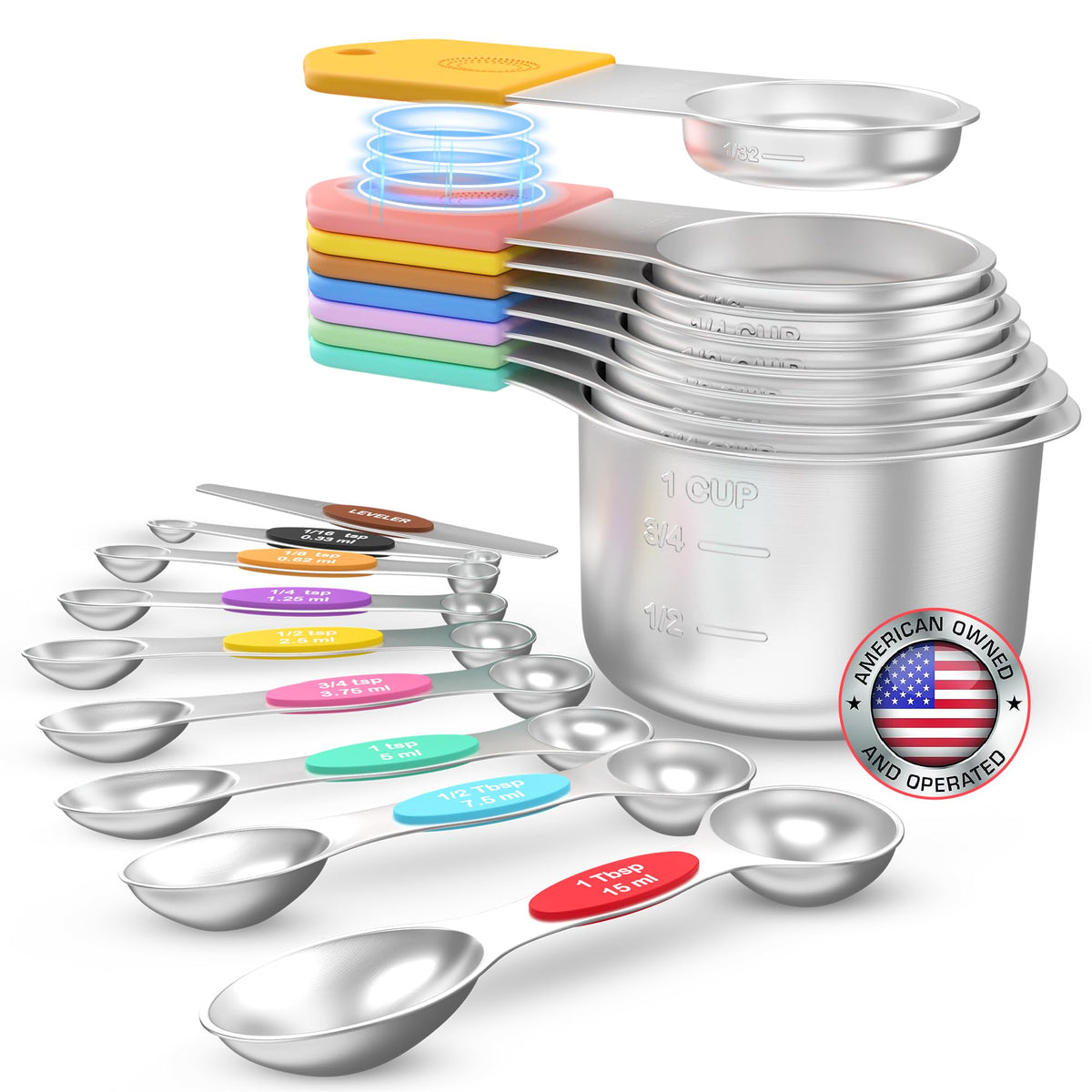 Lenceo magnetic measuring cups 17-piece set in durable stainless steel for precise measurements.