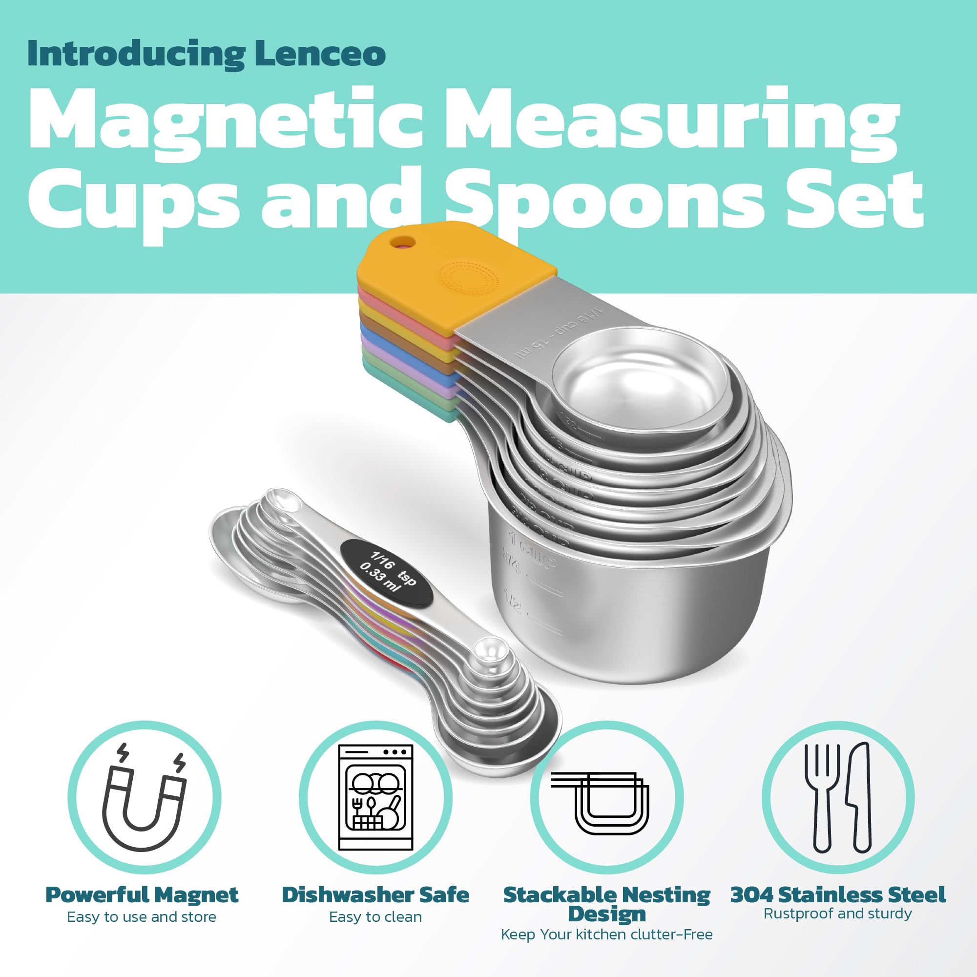 Lenceo magnetic spoons with soft-touch handles for a secure grip during cooking and baking.