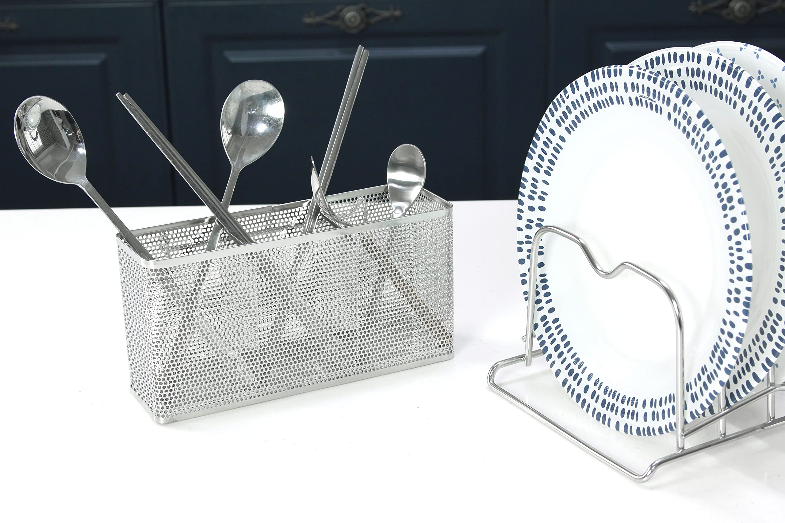 LENITH perforated drain-hole basket speeds drying of utensils.