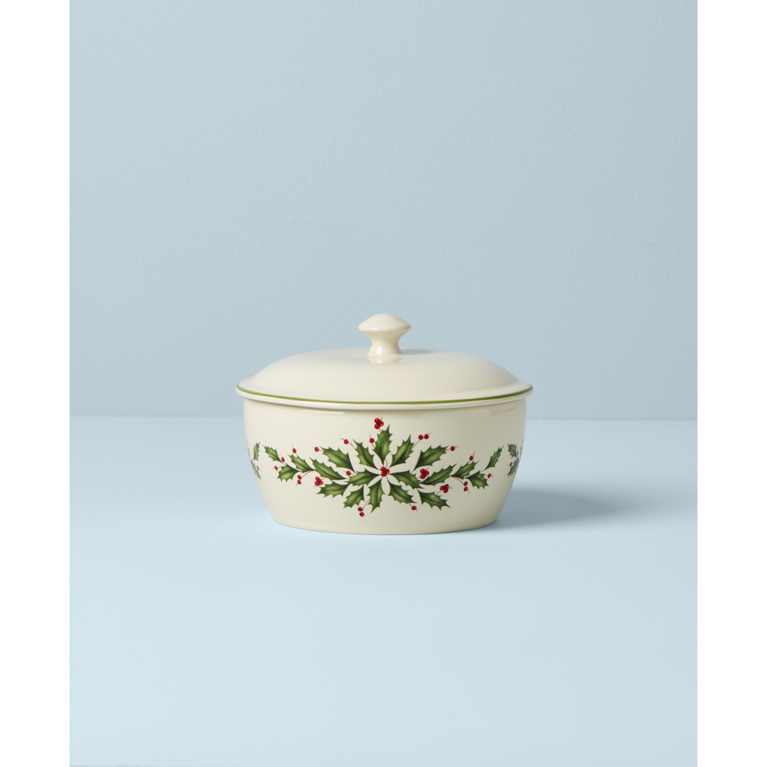Lenox Holiday Covered Casserole lid with holly design for easy serving