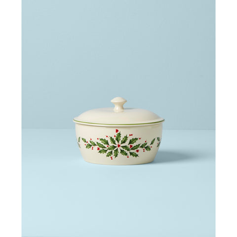 Lenox Holiday Covered Casserole lid with holly design for easy serving