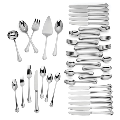 Lenox Alcott 89-piece flatware set for twelve enhances family dinners with timeless elegance.