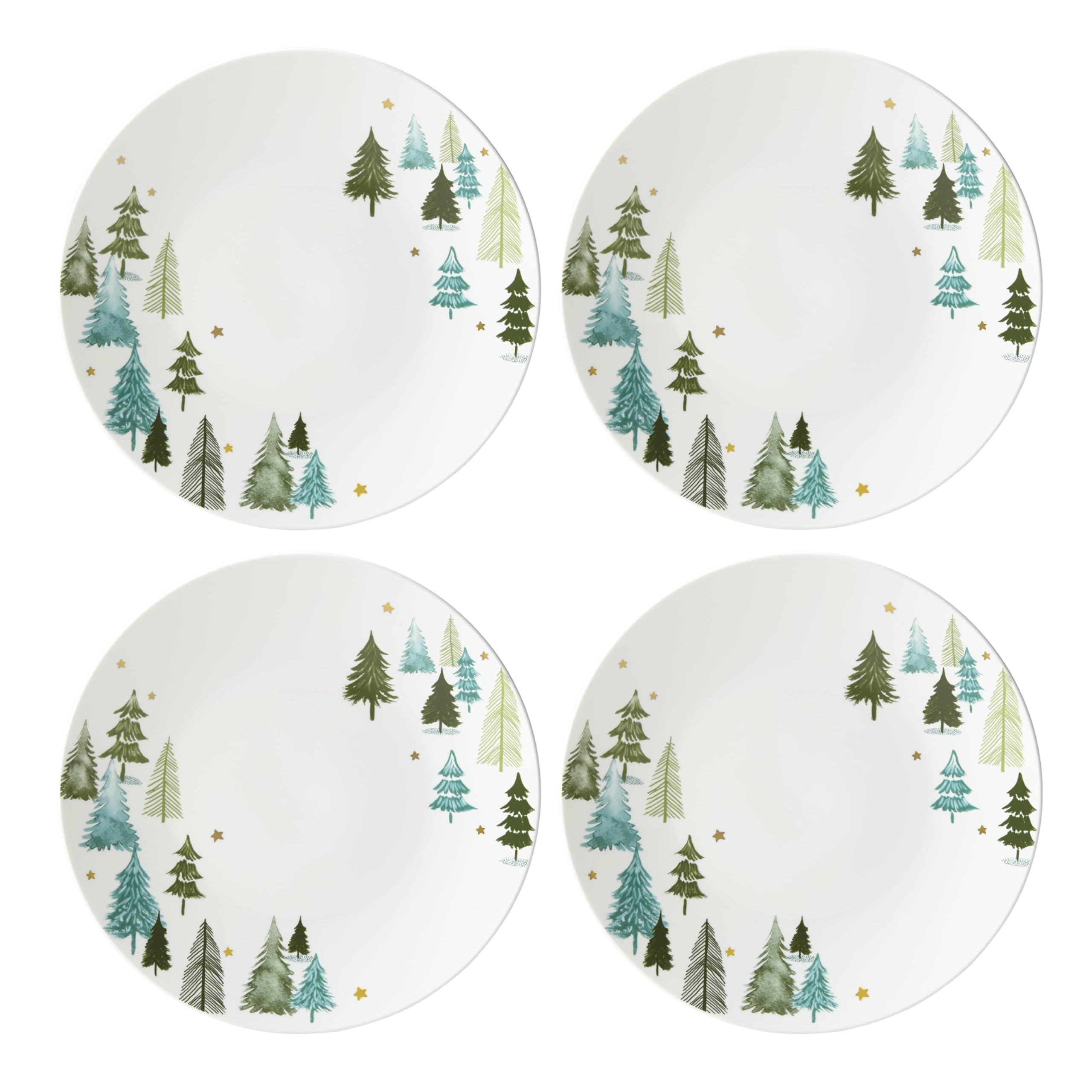 Lenox Balsam Lane green plate front with pine trees and gold stars for festive dining