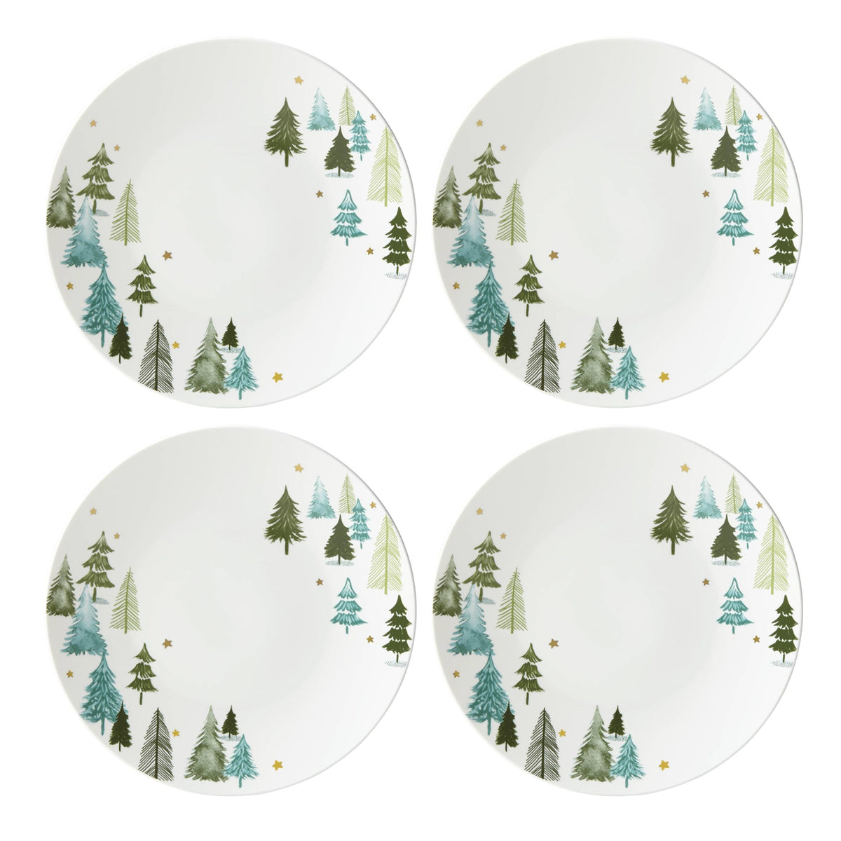 Lenox Balsam Lane green plate front with pine trees and gold stars for festive dining