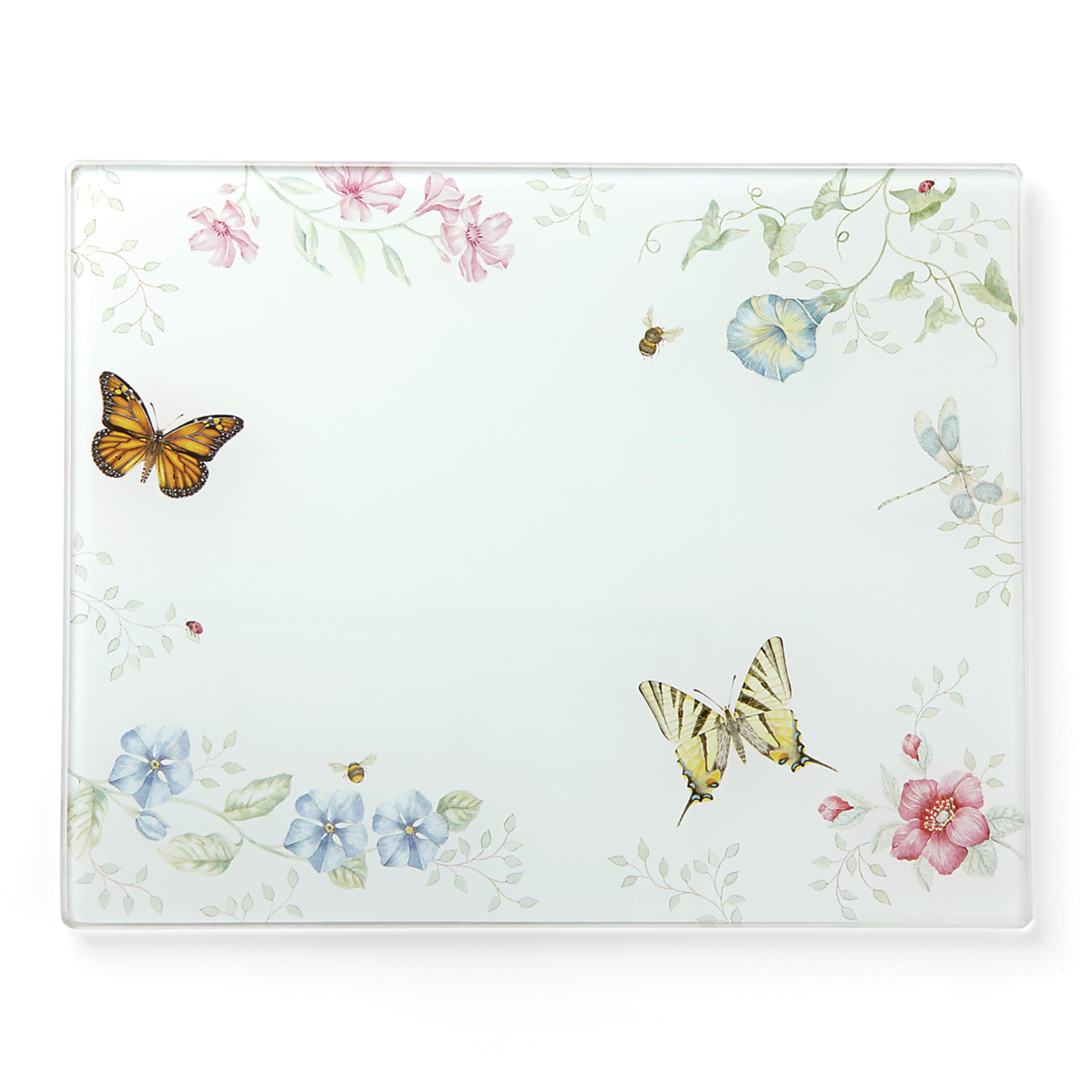 Lenox Butterfly Meadow cutting board front view shows vibrant butterflies on glass, ideal for prep
