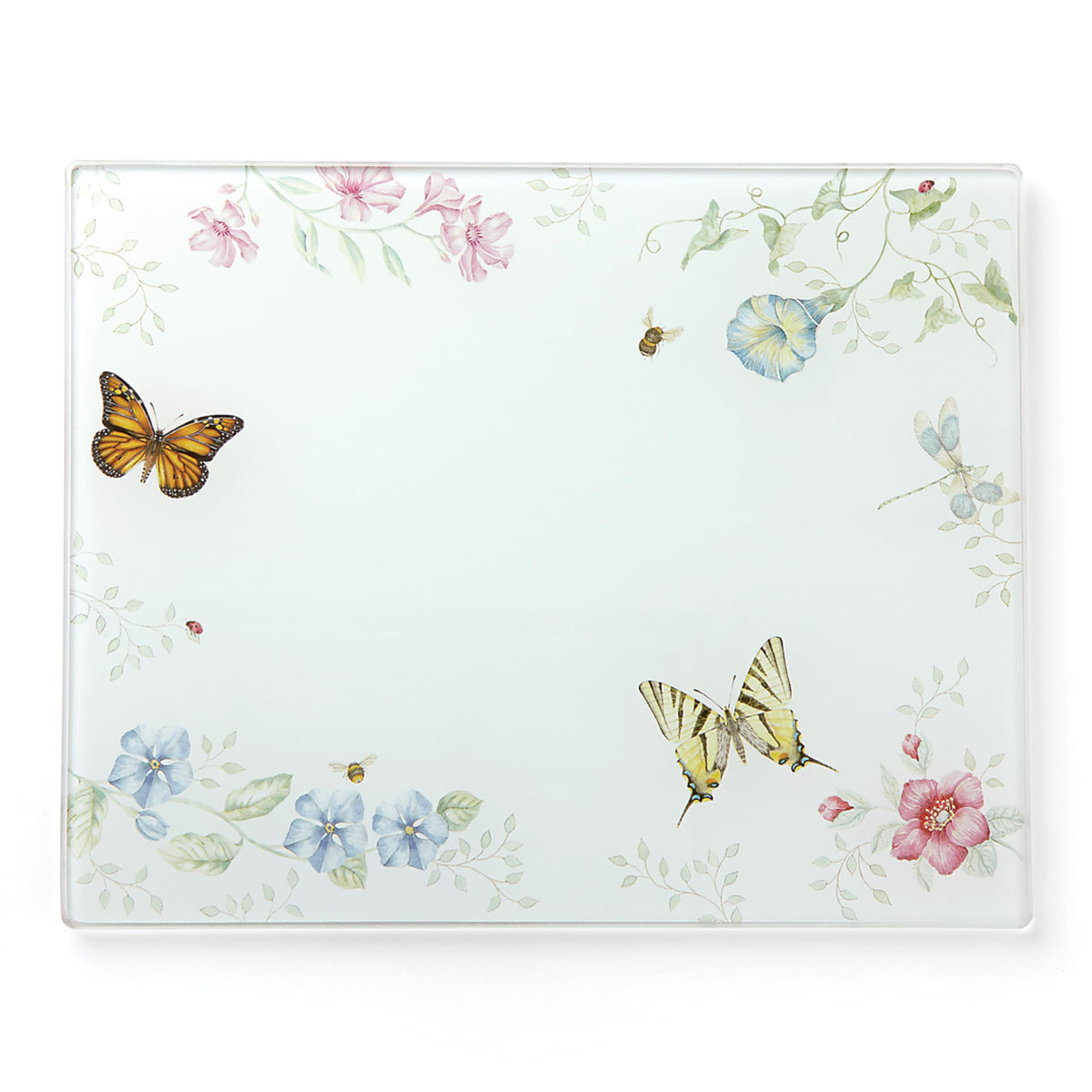 Lenox Butterfly Meadow cutting board front view shows vibrant butterflies on glass, ideal for prep