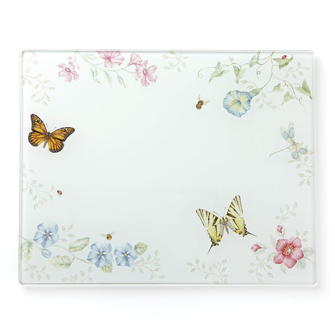 Lenox Butterfly Meadow cutting board front view shows vibrant butterflies on glass, ideal for prep