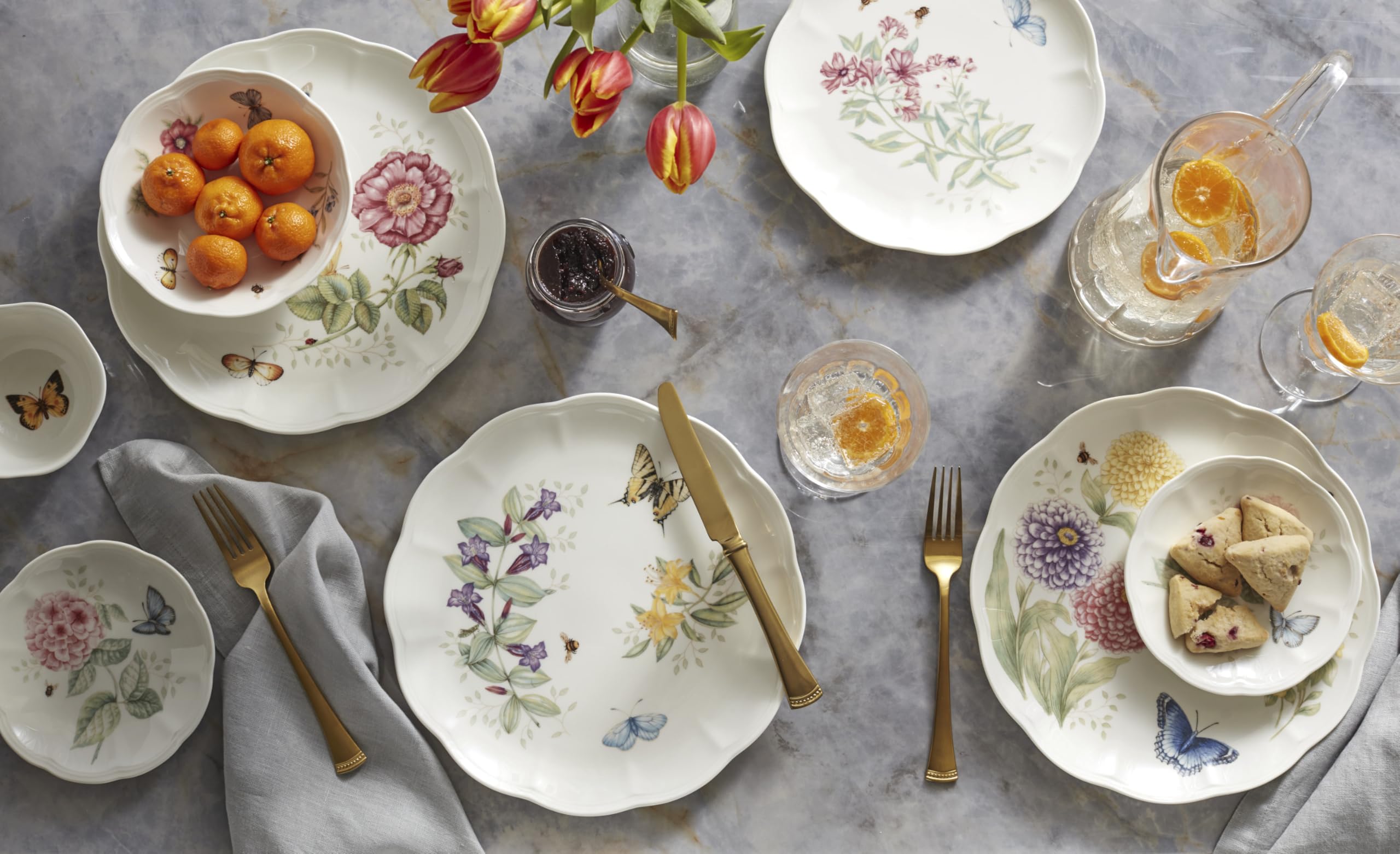 Lenox Butterfly Meadow service for four brings coordinated tableware.