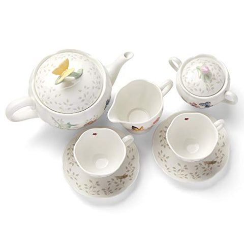 Lenox Butterfly Meadow tea set display in white porcelain, ready for tea