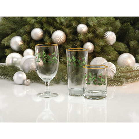 Lenox Christmas hosting scene featuring four highball glasses on the table