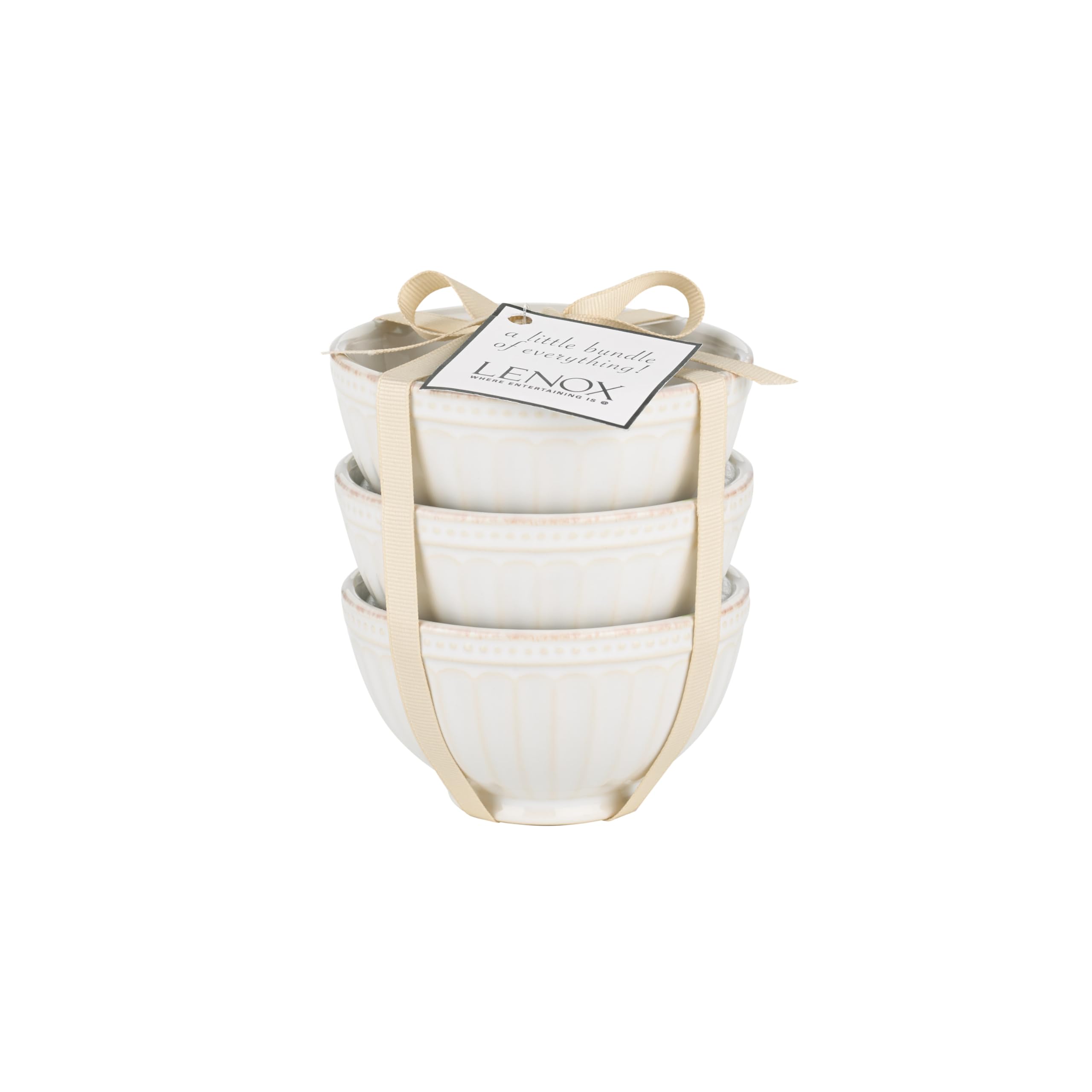 Lenox French Perle Groove mini bowls with outer grooves add rustic charm.