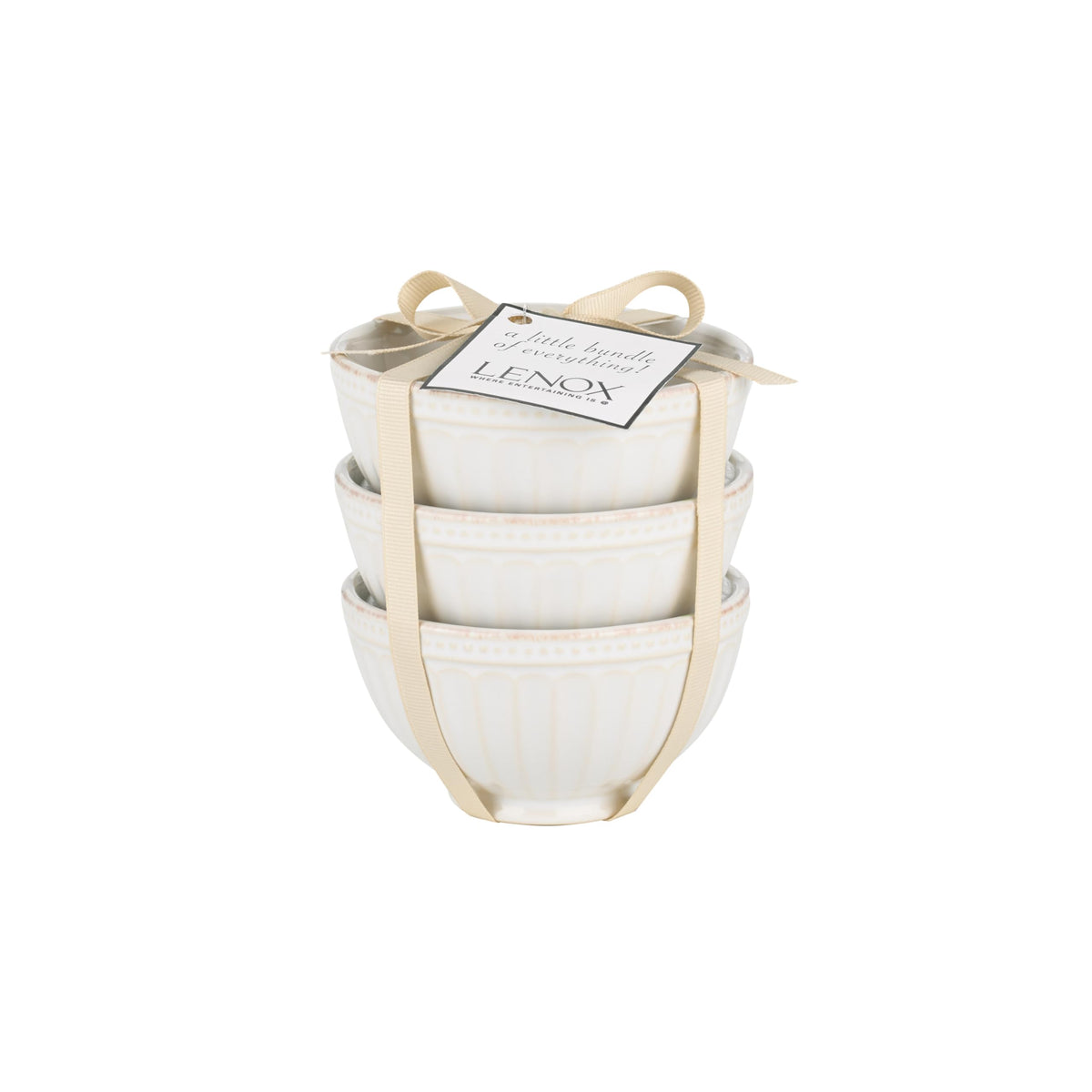 Lenox French Perle Groove mini bowls with outer grooves add rustic charm.