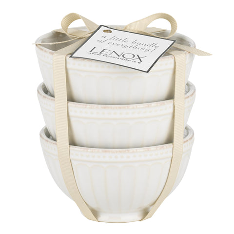 Lenox French Perle Groove mini bowls feature a tea stained bead border.