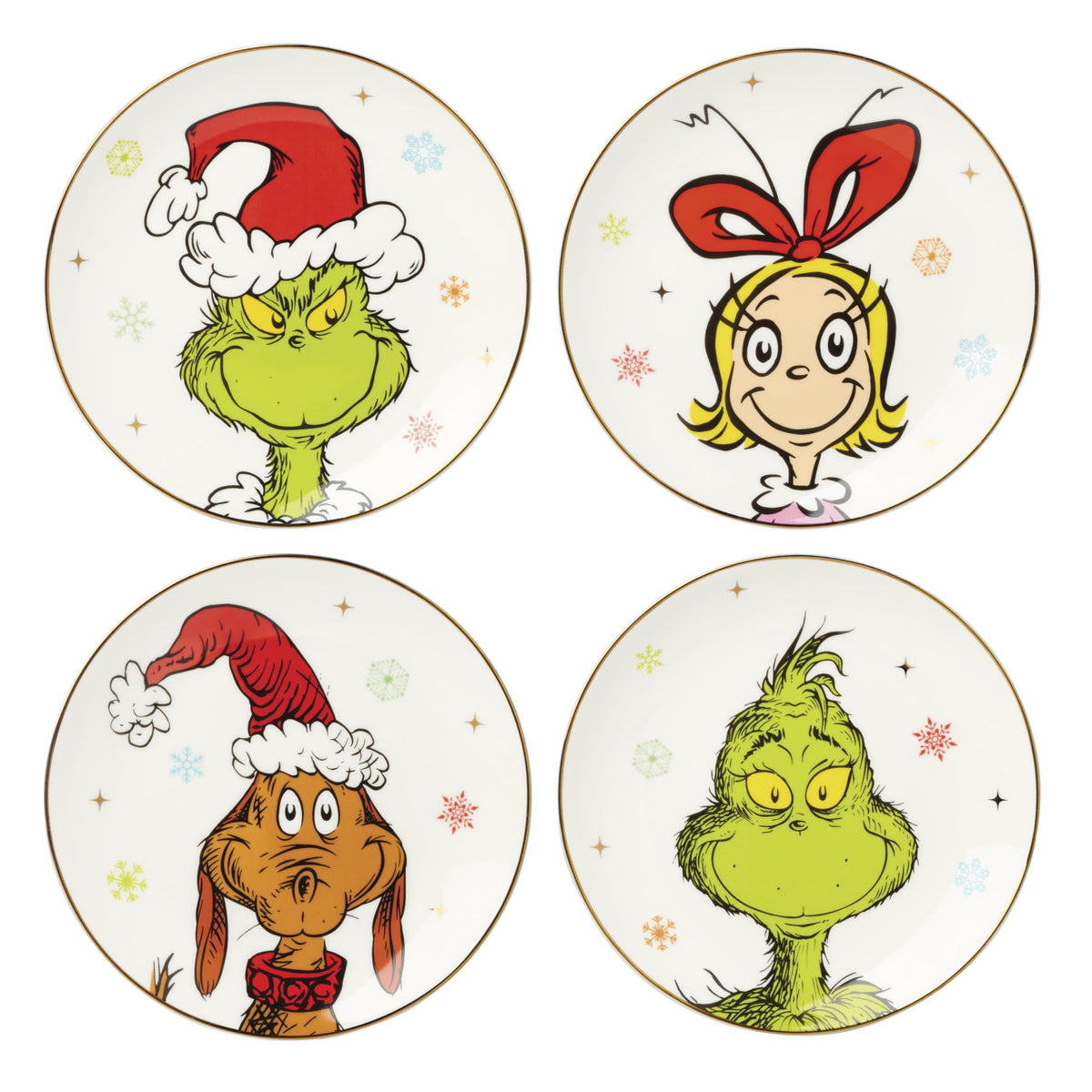 Lenox Grinchmas accent plate featuring Grinch face for festive desserts