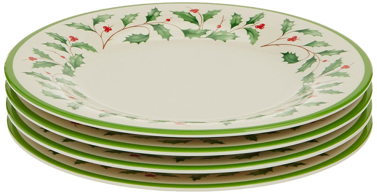 Lenox Holiday melamine plates set with holly motif for festive family meals.