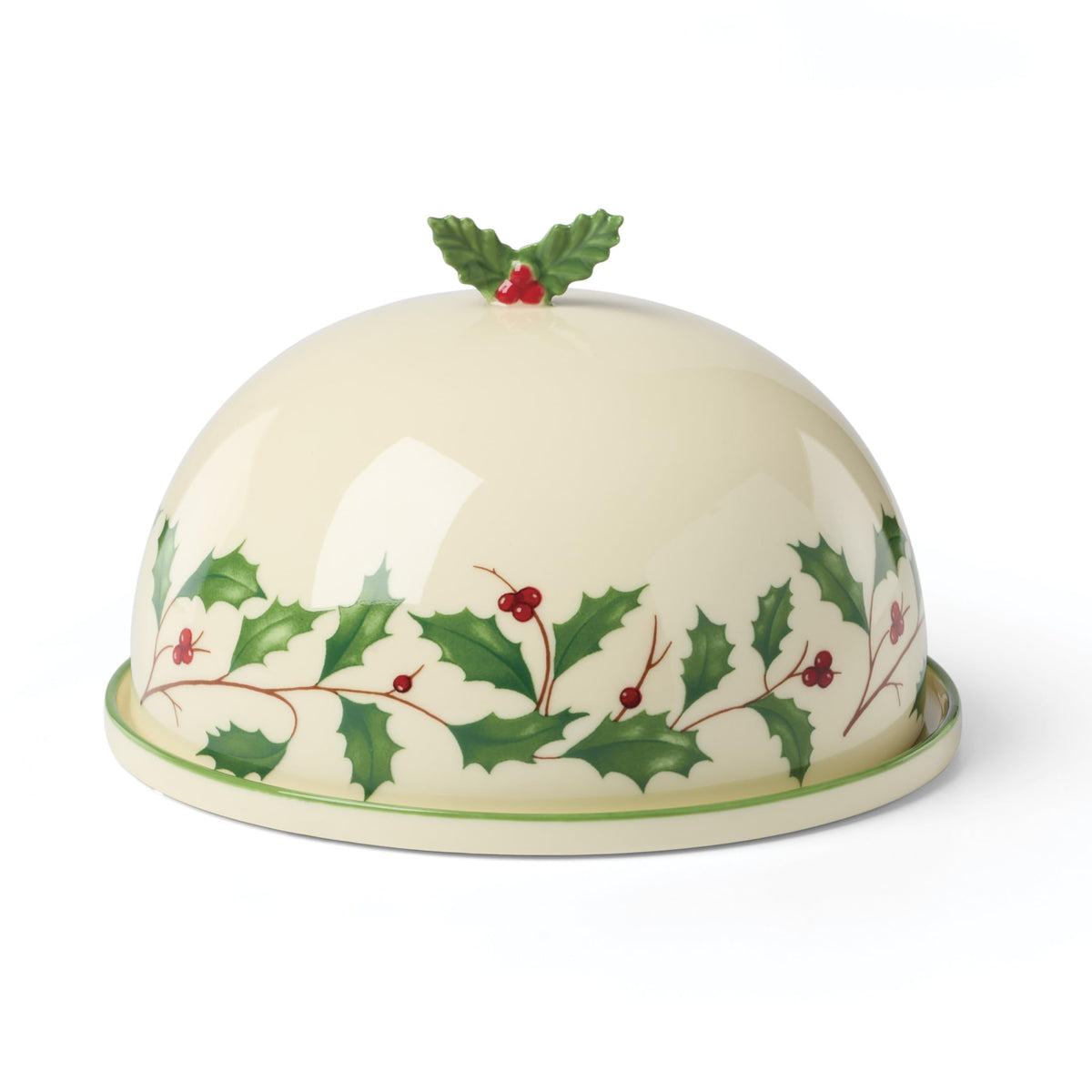 Lenox Holiday Covered Dish with holly berry motif adds festive table charm.