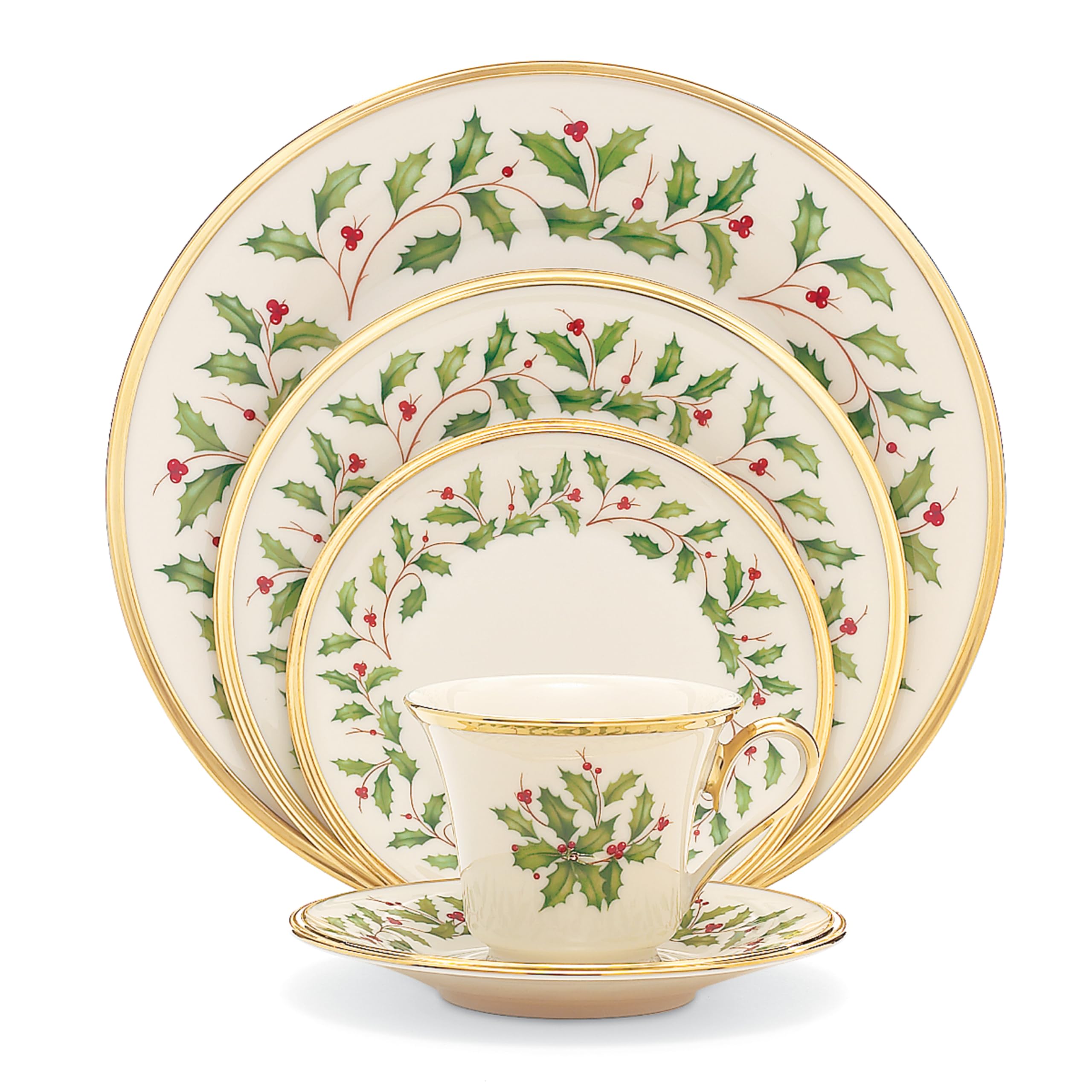 Lenox Holiday dinner plate with holly motif and 24-karat gold trim for elegant holiday dining.