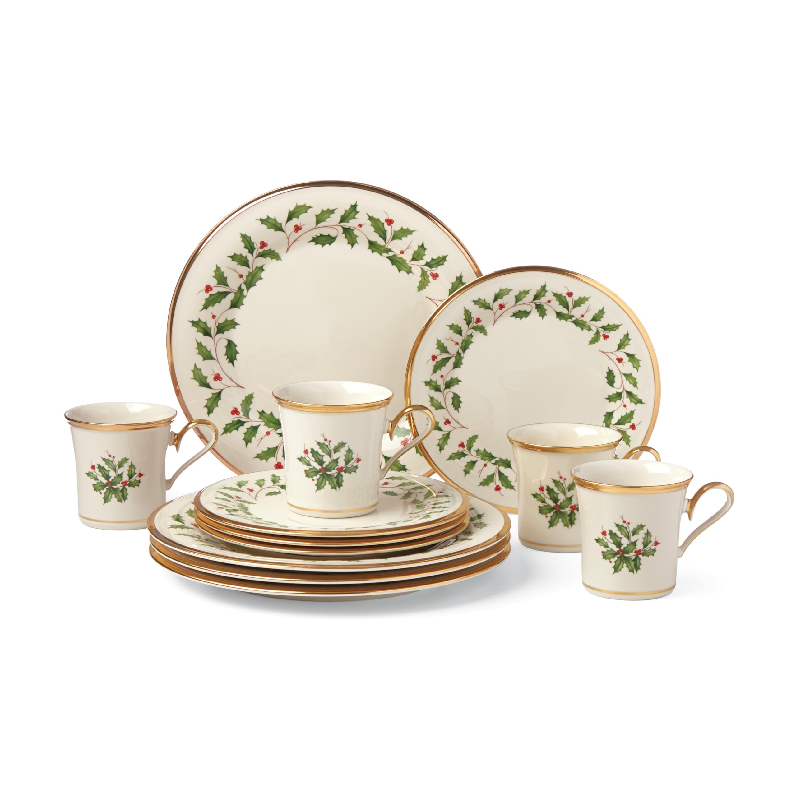 Lenox Holiday dinner plates with gold trim and holly motif close-up