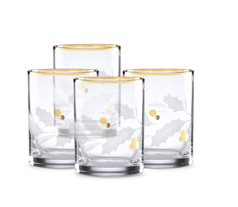 Lenox Holiday Gold four-piece double old fashioned glasses for festive cocktails.