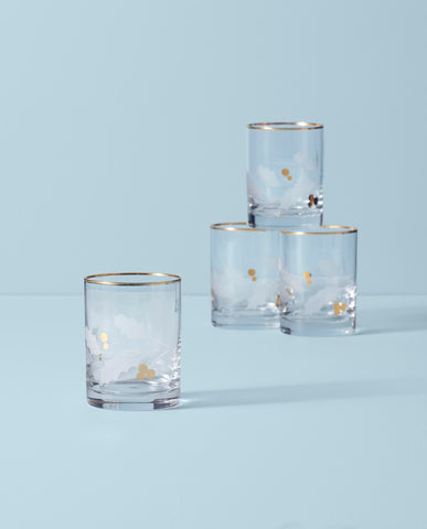 Etched holly leaves with golden berries pattern on Lenox glass.
