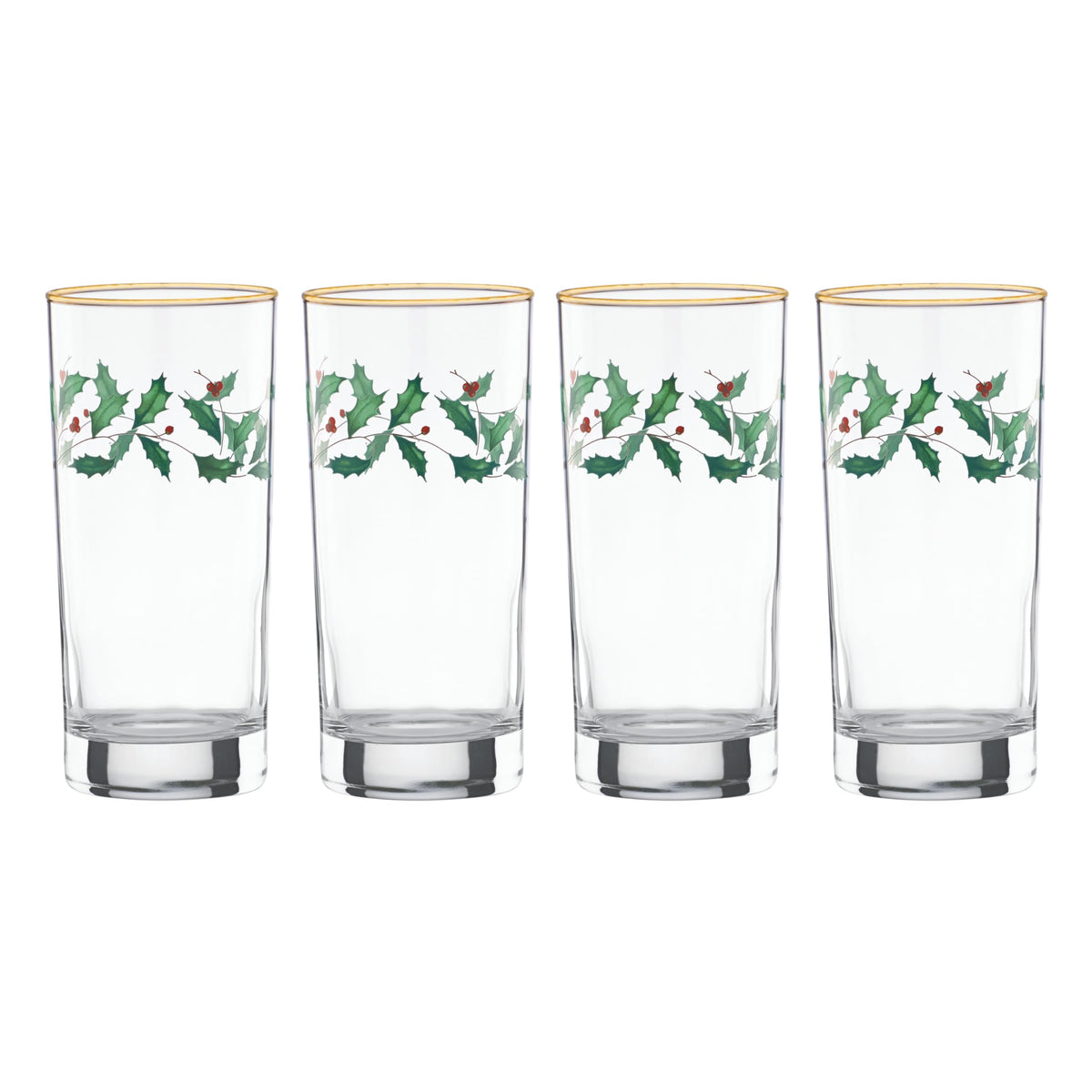 Lenox holiday highball glasses set of four with holly wreath design elevating festive table settings