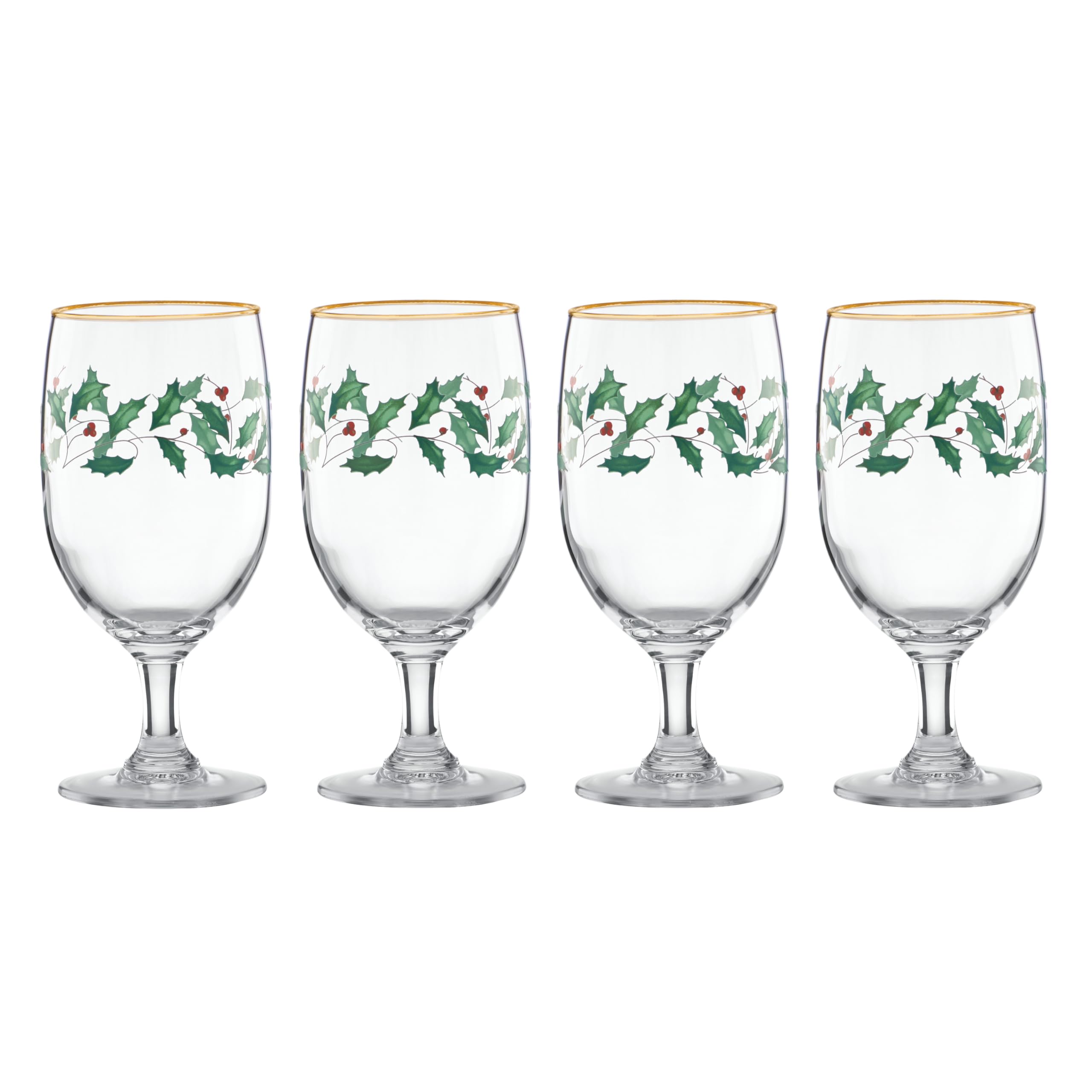 Lenox Holiday iced beverage glass with holly leaves and gold rim for festive drinks.