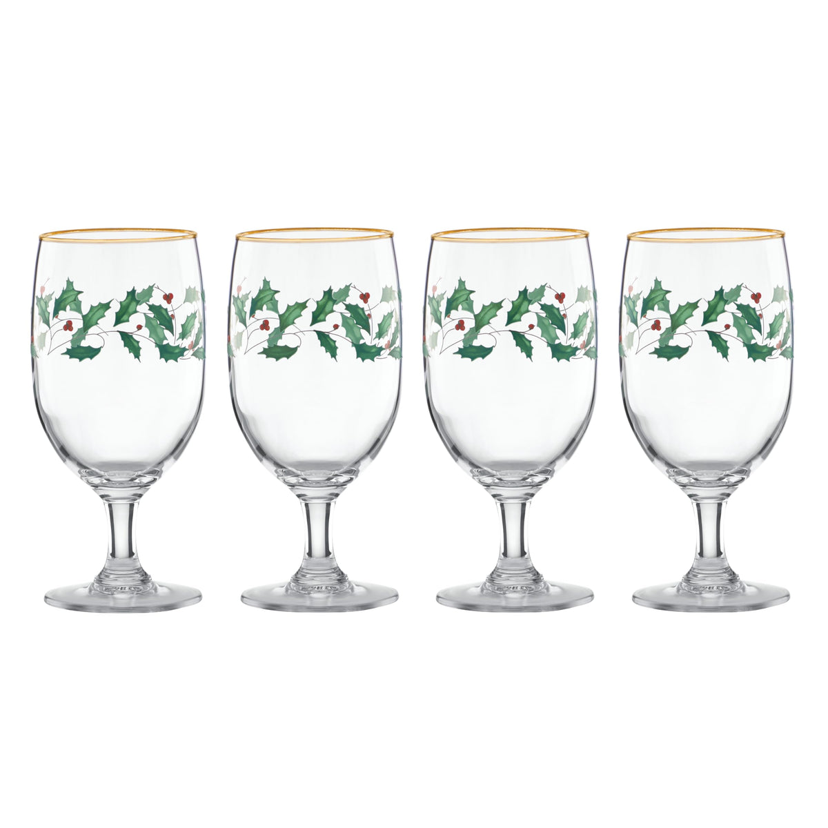 Lenox Holiday iced beverage glass with holly leaves and gold rim for festive drinks.